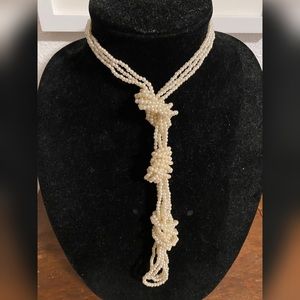 Vintage Long Layered Seed Bead Faux Pearl Necklace (23”)